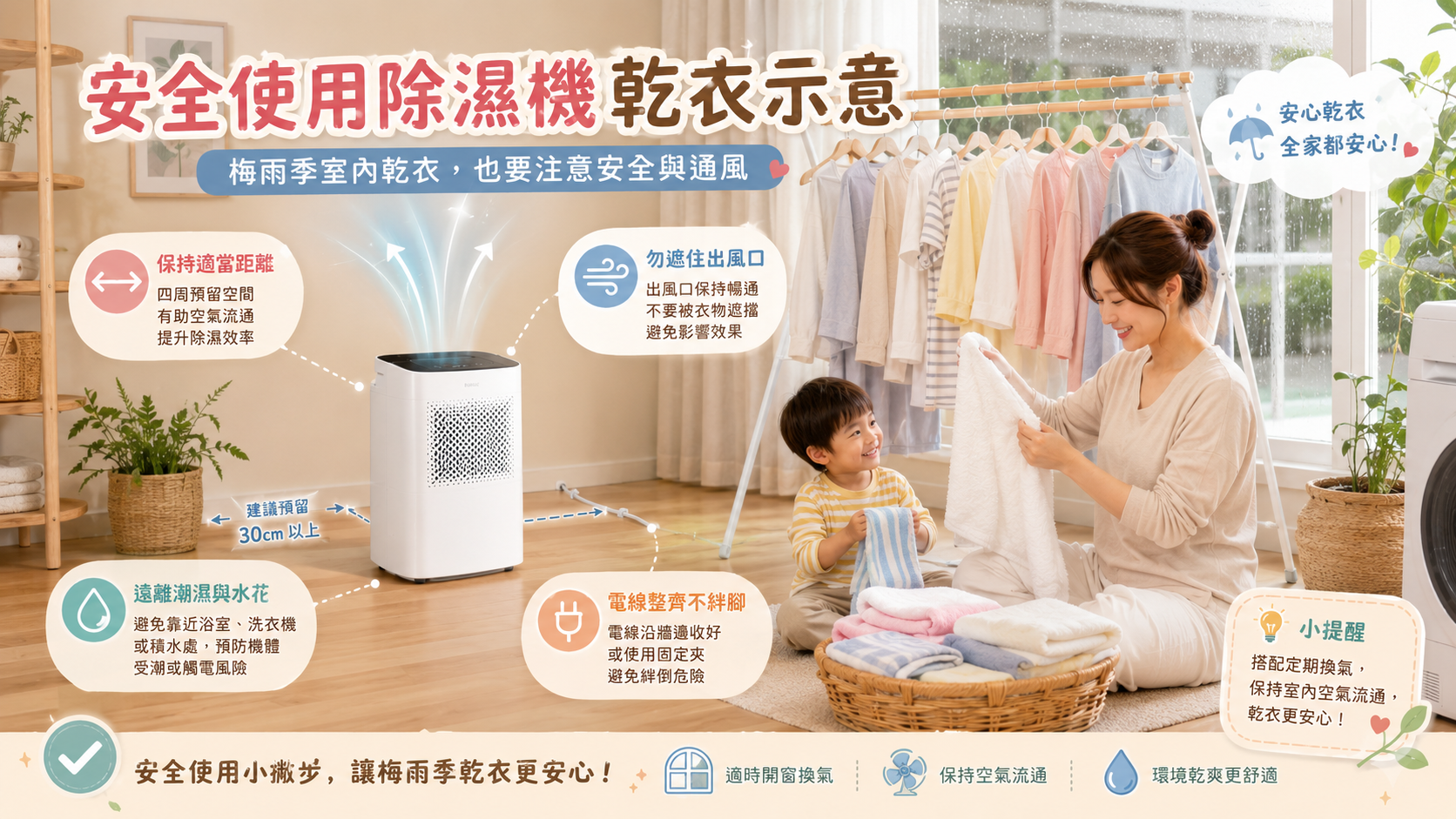 安全使用除濕機乾衣示意