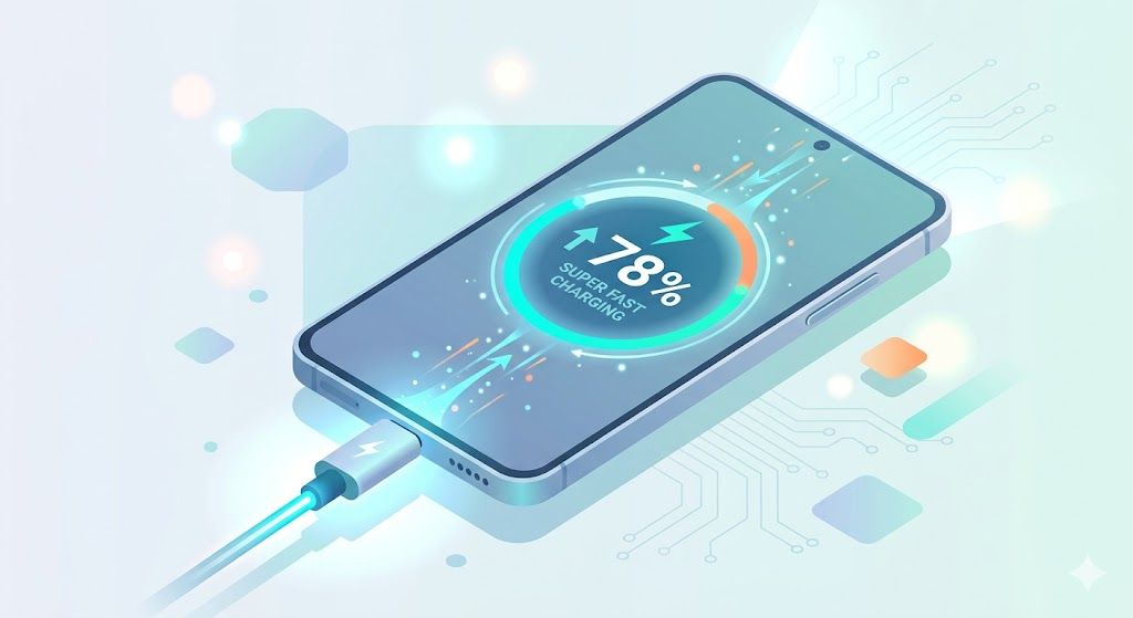 手機接上 USB-C 充電線，螢幕顯示閃電充電圖示與急速飆升的電量百分比動畫，背景帶著微光