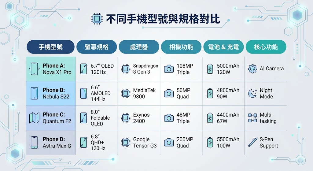 一張乾淨的表格資訊圖，內容為不同手機的型號與規格對比，底色為淺灰色，帶有科技感的幾何線條裝飾