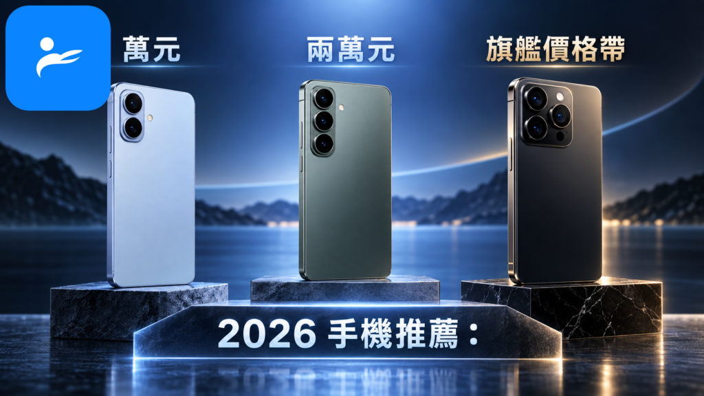 三支不同價位智慧型手機並排,旁邊標示萬元、兩萬元與旗艦價格帶