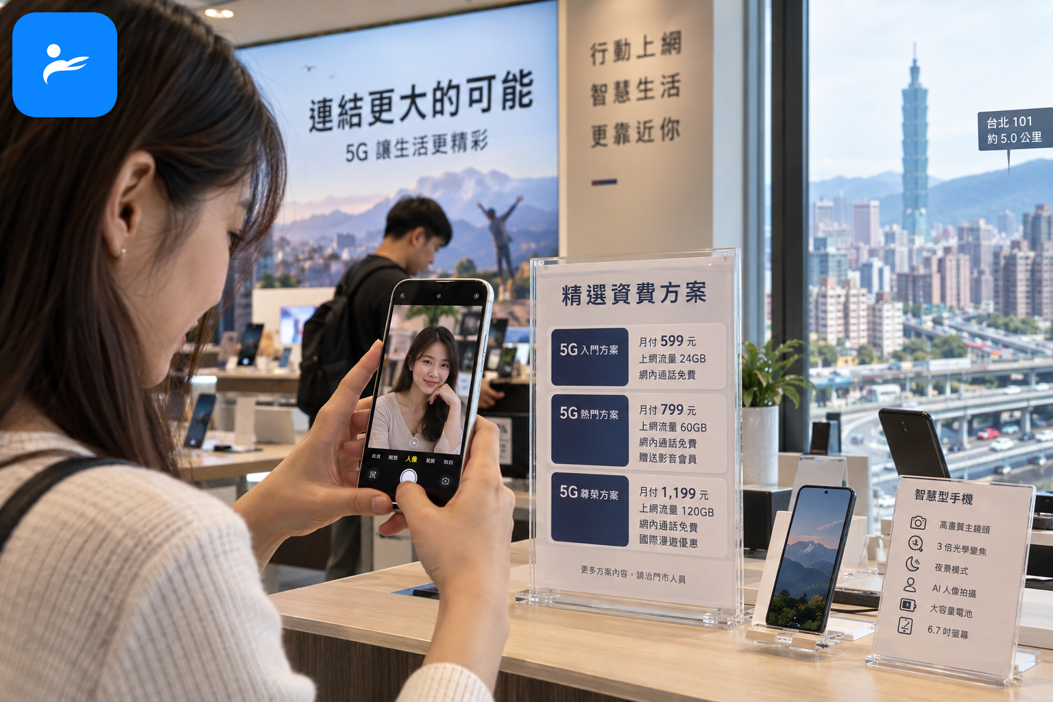 消費者在台灣手機門市實拍人像、文字與望遠場景