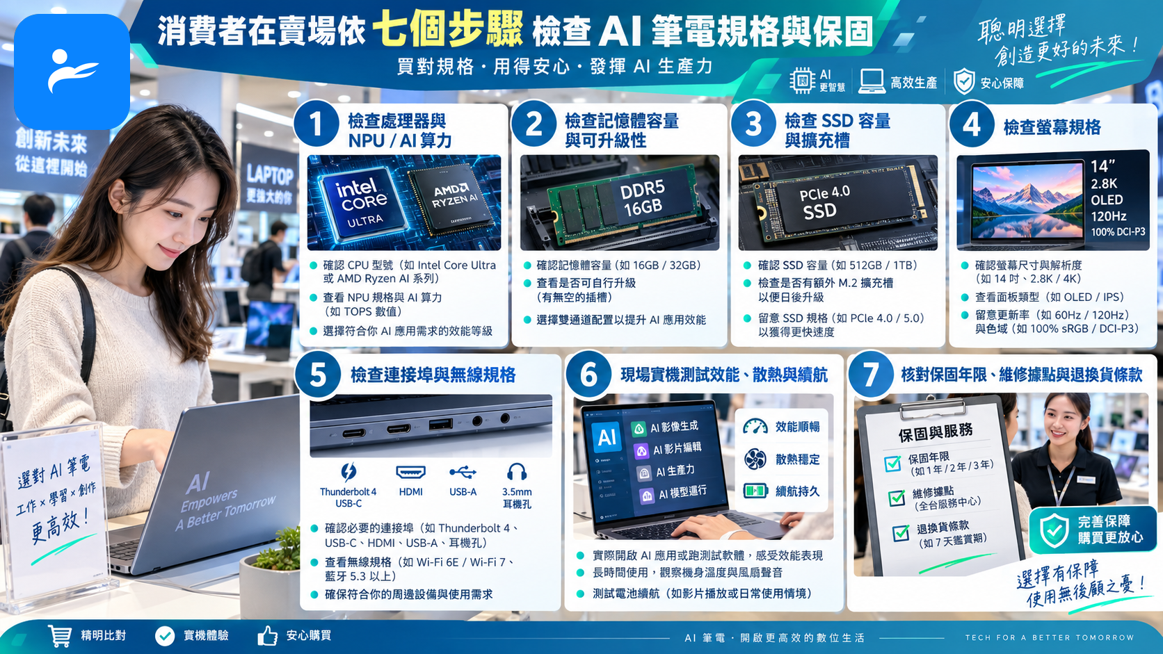 消費者在賣場依七個步驟檢查 AI 筆電規格與保固