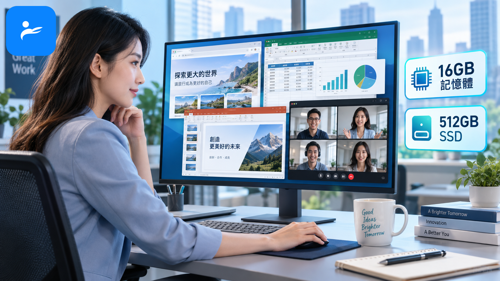 文書工作者同時開啟瀏覽器、Excel、簡報和視訊會議,旁邊標示 16GB 記憶體與 512GB SSD