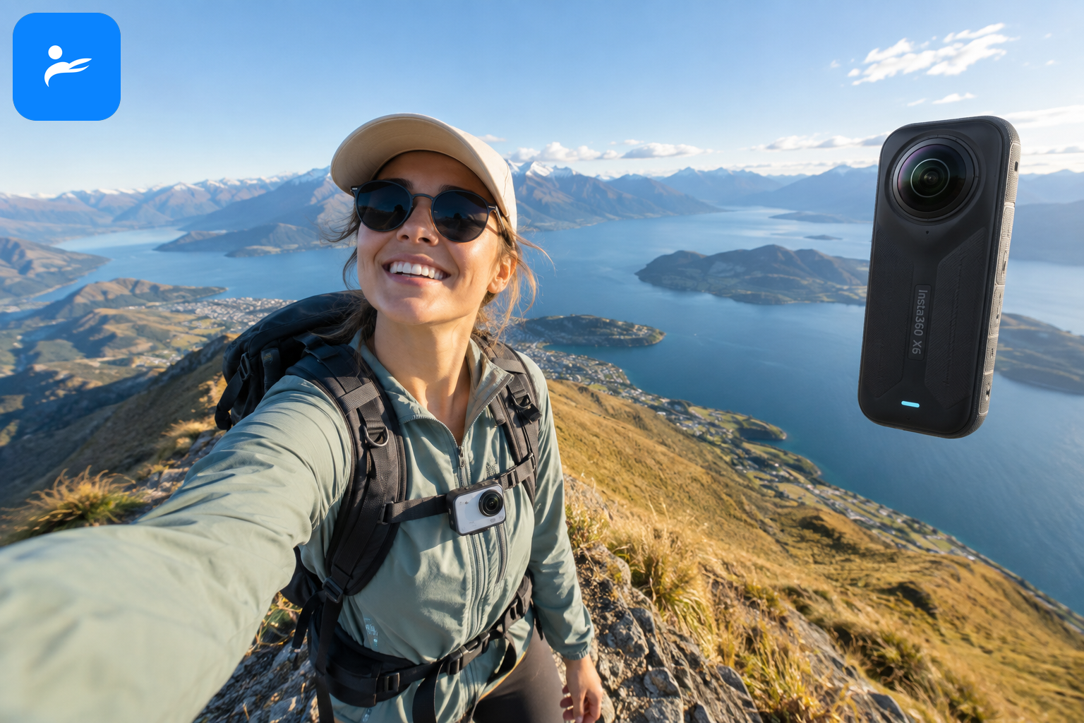 旅客胸前佩戴 Insta360 GO Ultra，旁邊以 Insta360 X6 隱形自拍棒拍攝全景