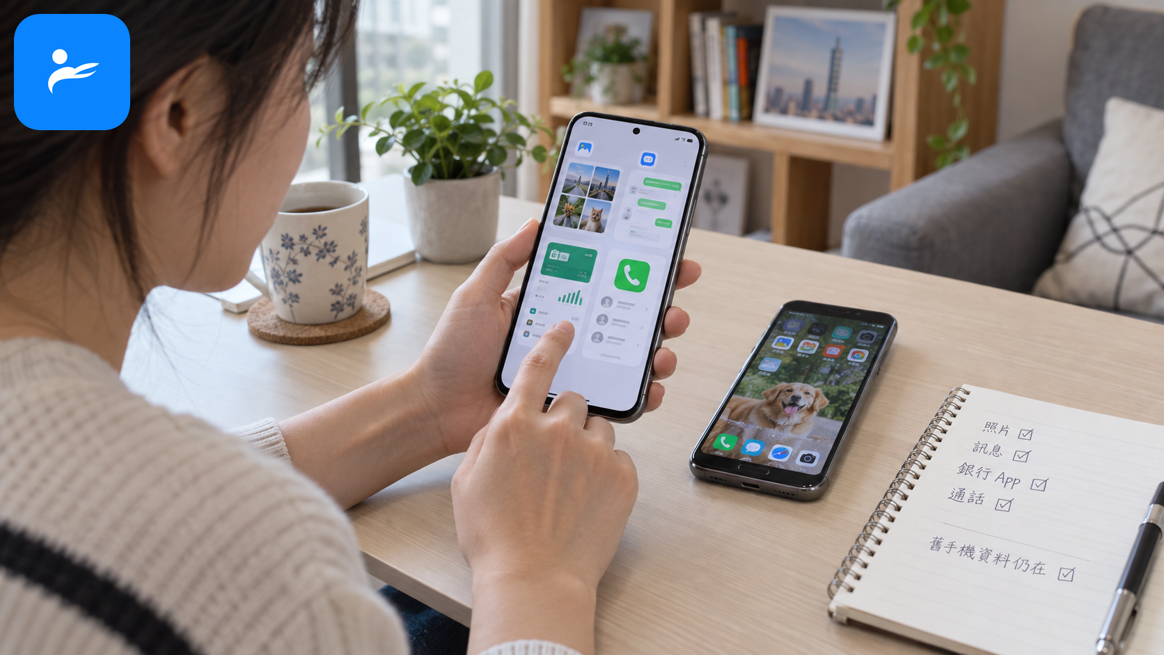 使用者逐項核對新手機的照片、訊息、銀行App與通話功能，舊手機仍保留未重置