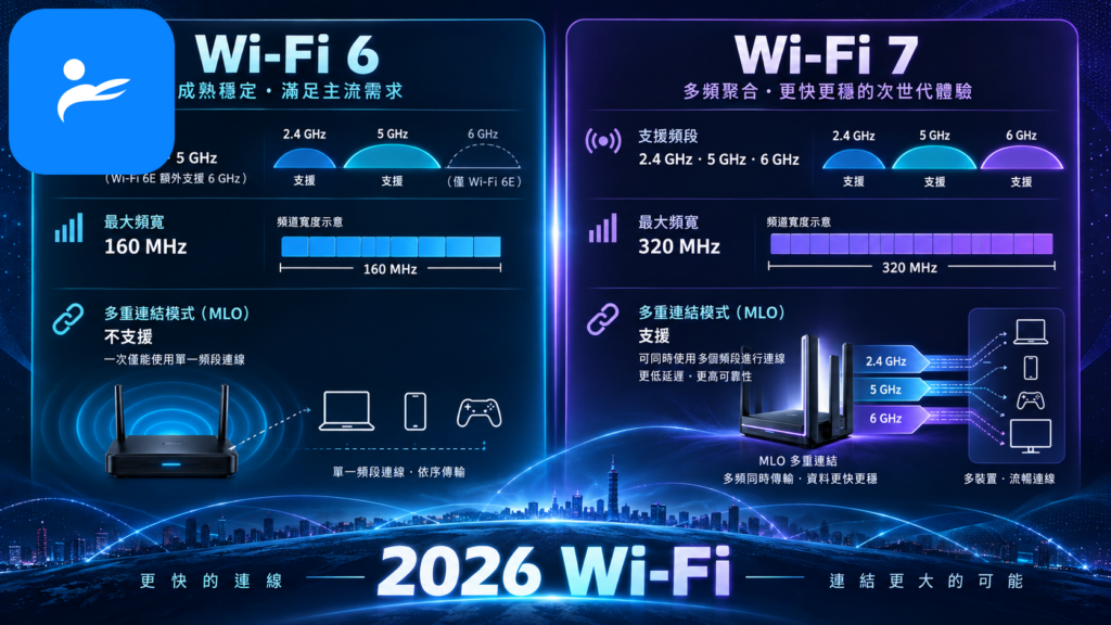 Wi-Fi 6 與 Wi-Fi 7 的頻段、頻寬及 MLO 技術比較資訊圖