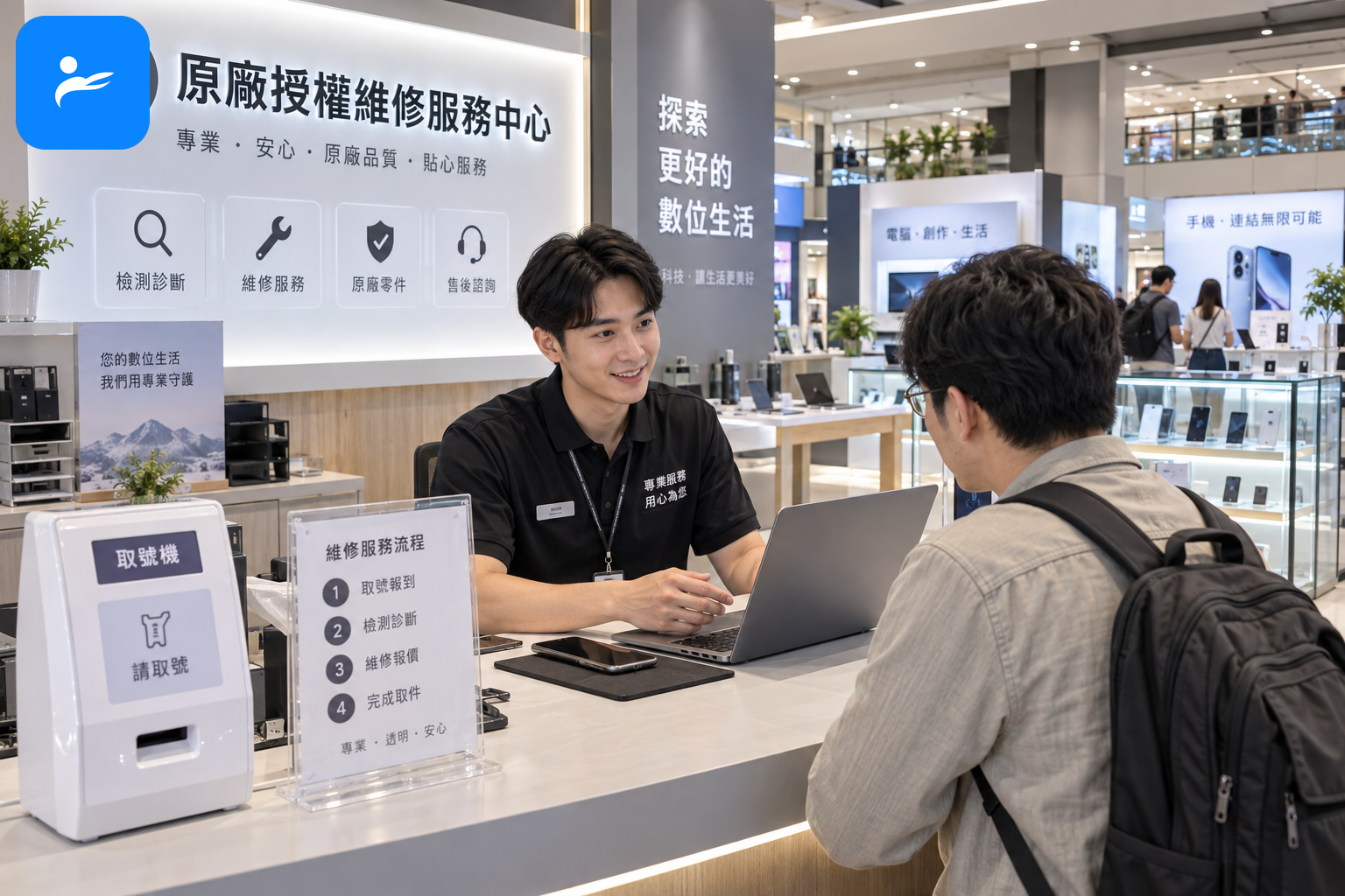 台灣常見 3C 商場實體門市外觀與官方原廠售後服務中心櫃檯接洽畫面
