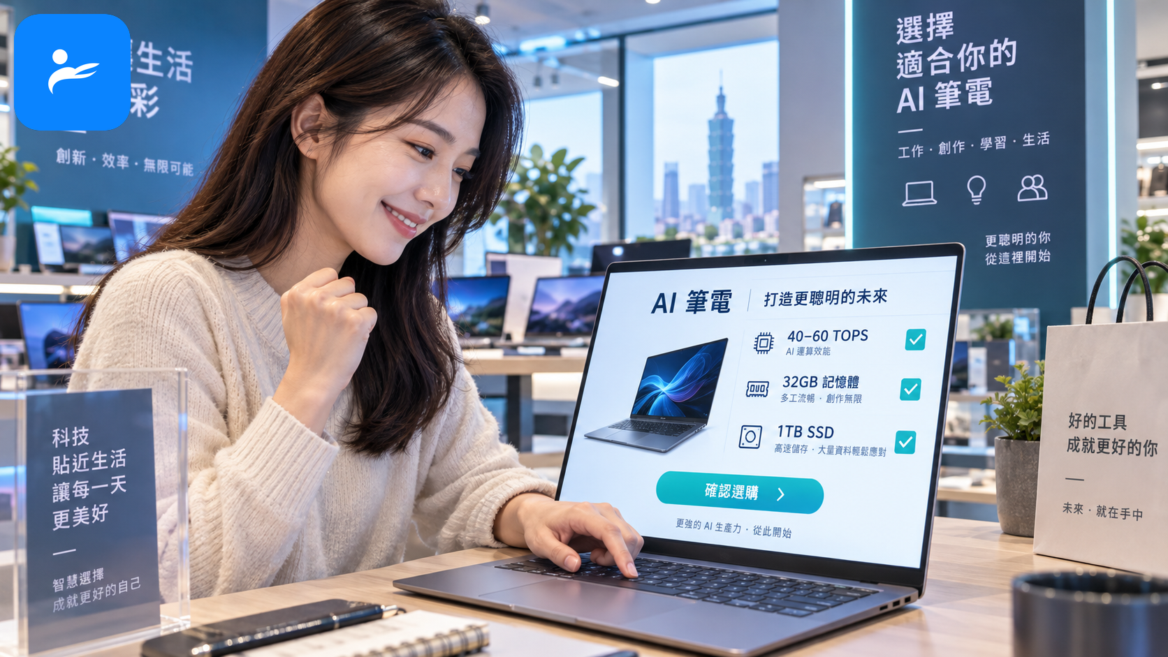 消費者完成 AI 筆電選購,在 40 至 60 TOPS、32GB 記憶體與 1TB SSD 選項上打勾