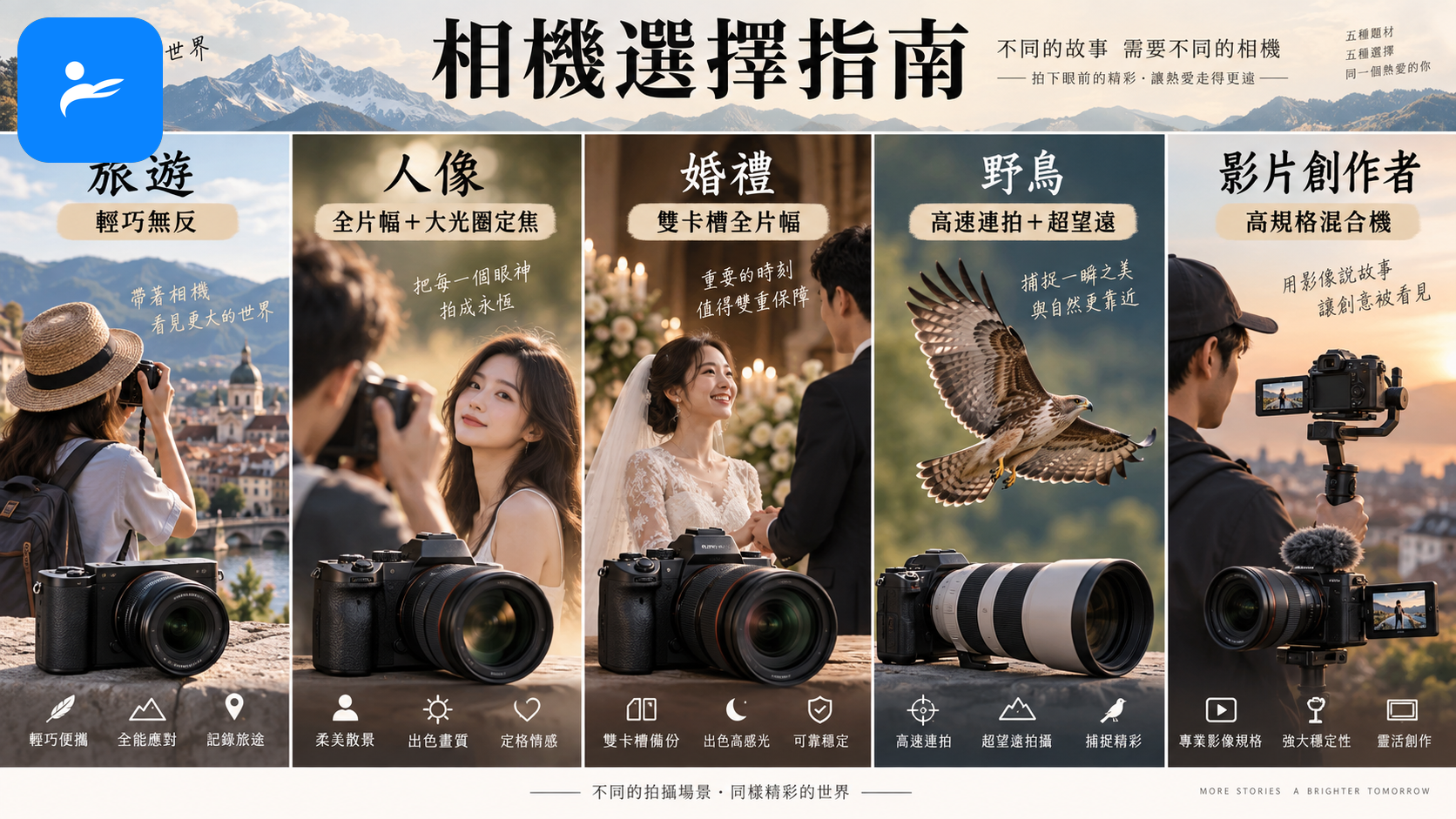 旅遊、人像、婚禮、野鳥和影片創作者五種拍攝情境的相機選擇圖