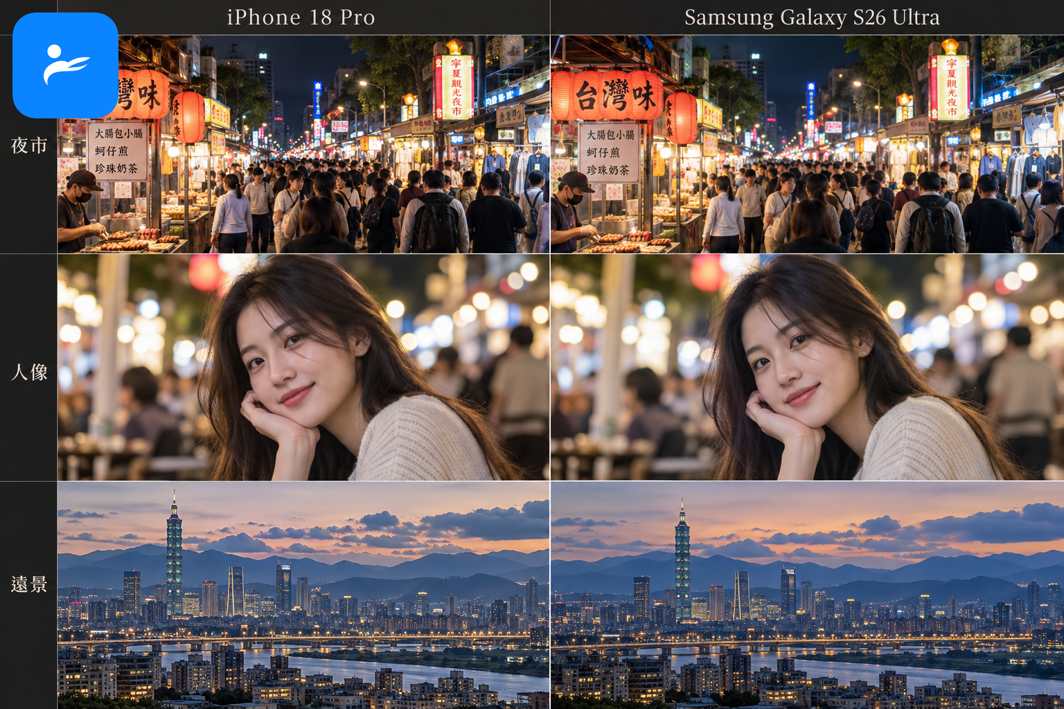 iPhone 18 Pro 與 Samsung Galaxy S26 Ultra 拍攝夜市、人像和遠景的情境拼圖