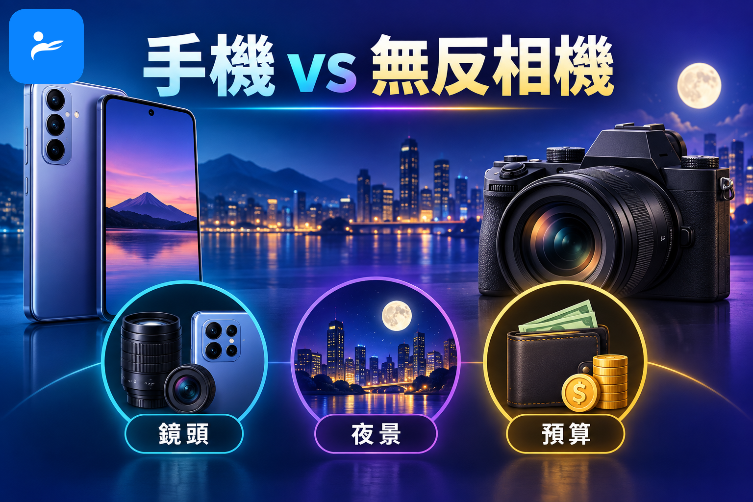手機與無反相機選購常見問題,以鏡頭、夜景與預算圖示呈現