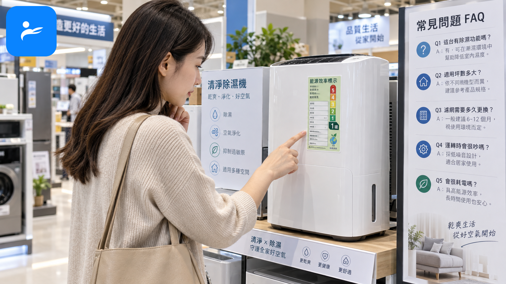 消費者在家電賣場查看清淨除濕機能源標示與常見問題