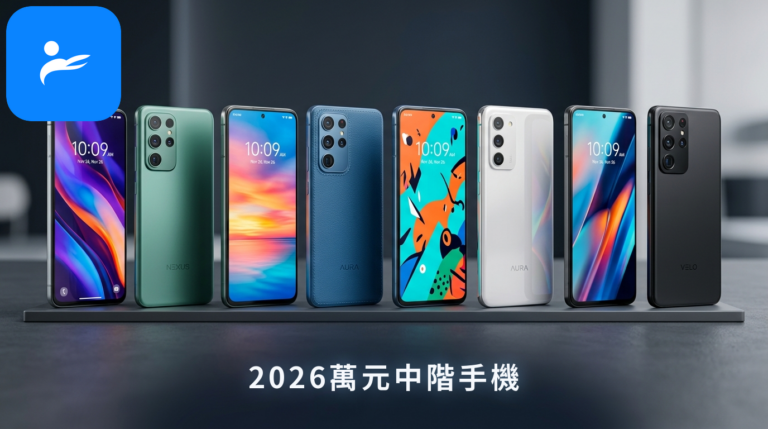多款2026年熱門萬元中階智慧型手機並排陳列，呈現不同的機身背蓋材質與大螢幕色彩表現