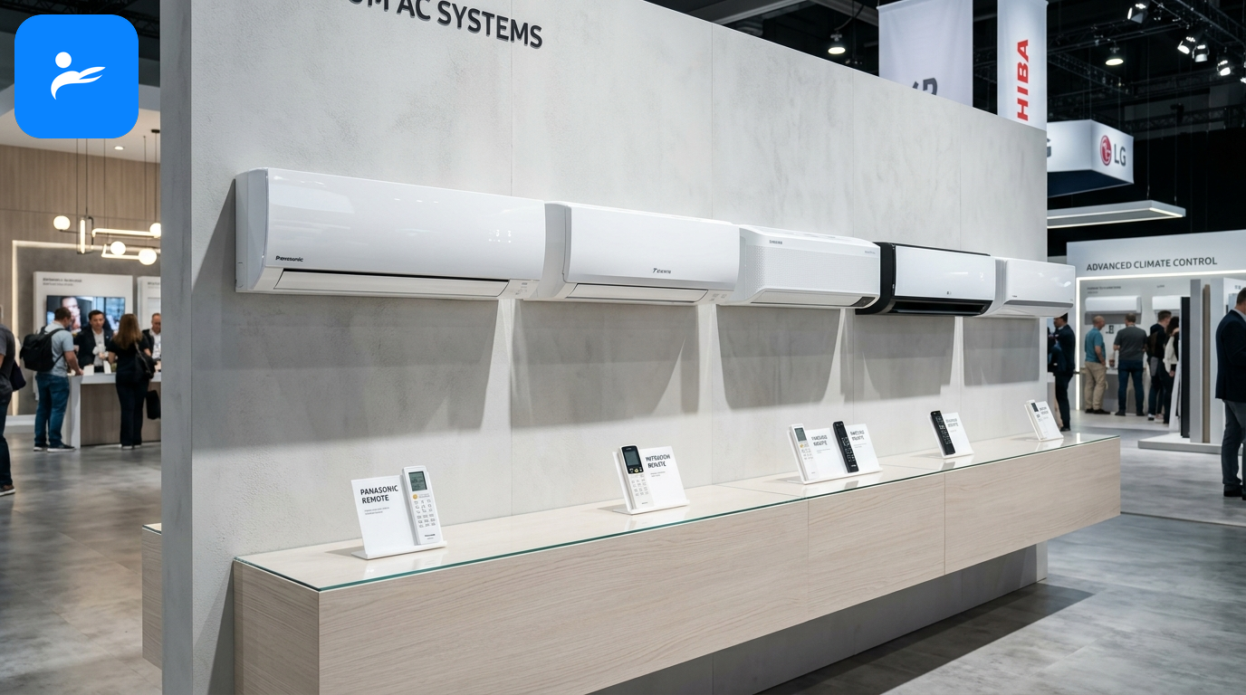 大金、Panasonic、三菱電機、日立與聲寶等各大冷氣室內機與遙控器一字排開展示圖