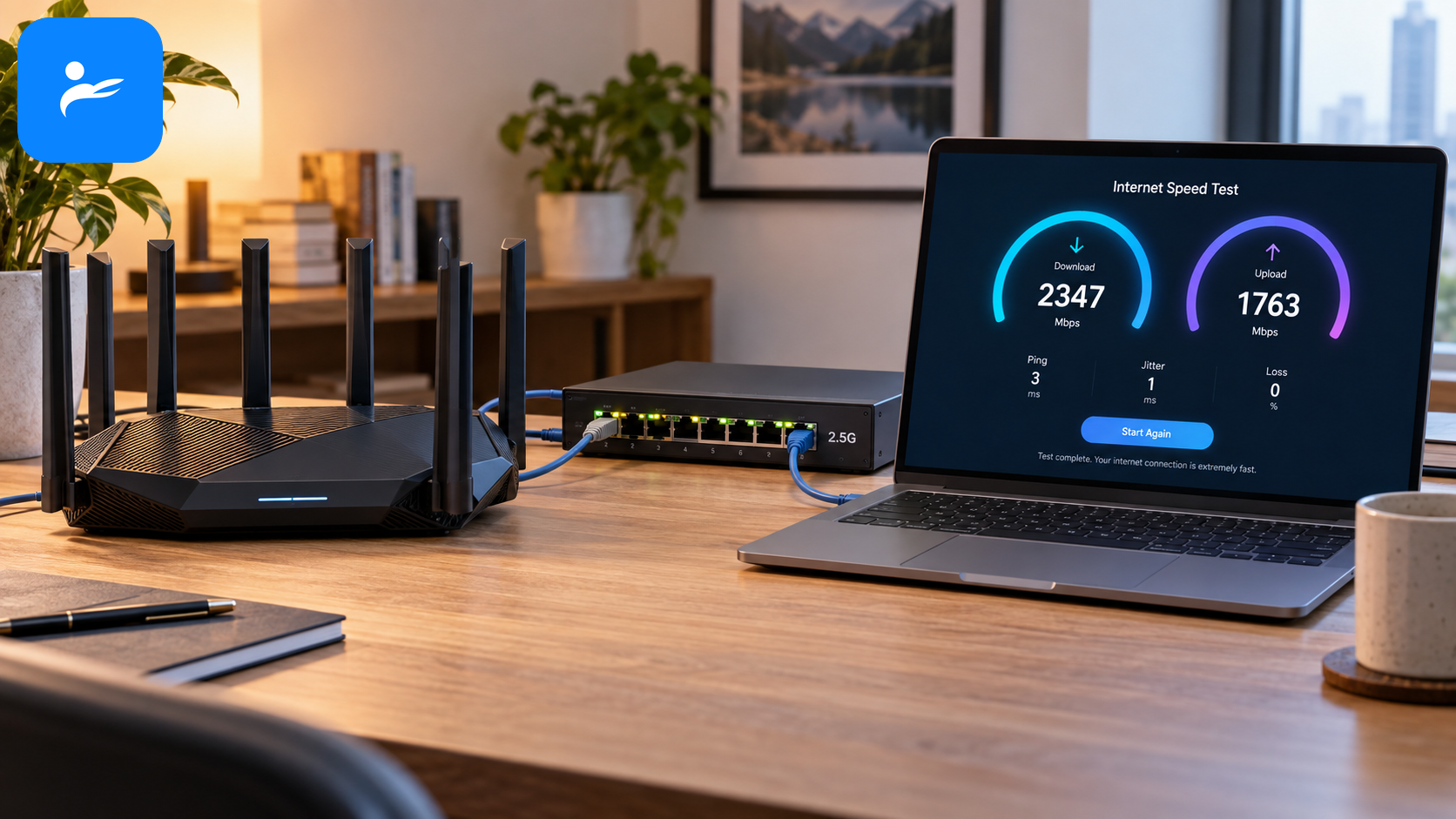 桌上放著 Wi-Fi 7 路由器、2.5G 網路設備與正在測速的筆電