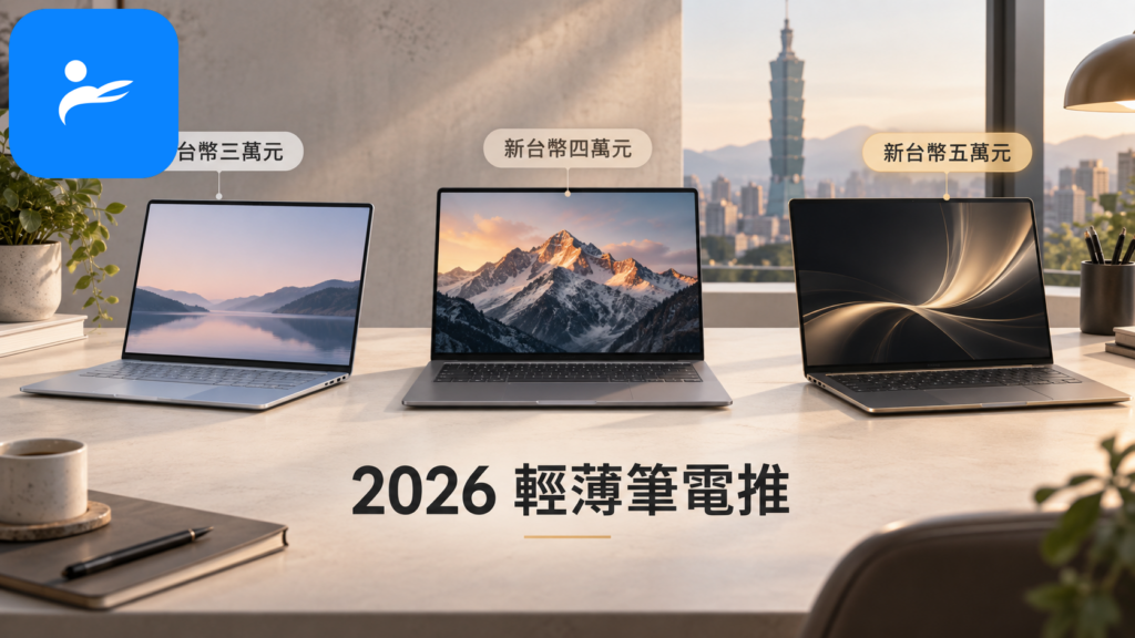 三部不同價位的輕薄筆電放在桌面上，旁邊標示新台幣三萬、四萬及五萬元價格帶