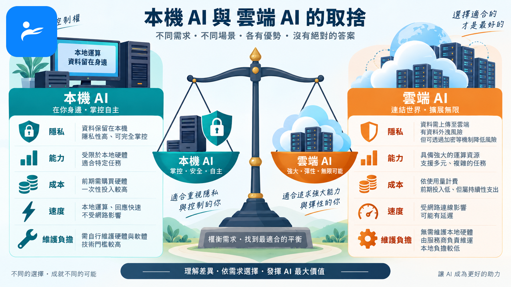 本機 AI 與雲端 AI 天平比較，呈現隱私、能力、成本、速度與維護負擔
