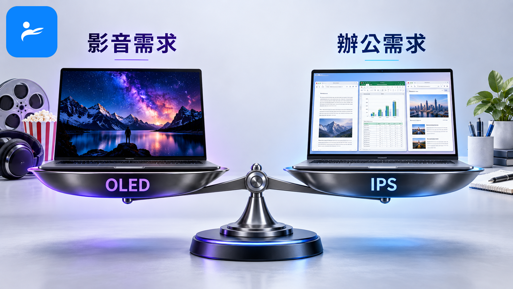 OLED 筆電與 IPS 筆電放在購物決策天平兩側,旁邊標示影音與辦公需求