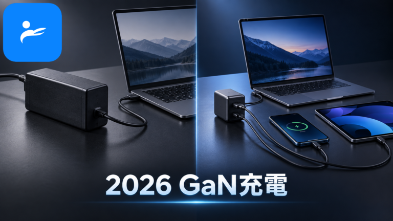 傳統矽充電器與小型氮化鎵多孔充電器並排比較體積與連接裝置