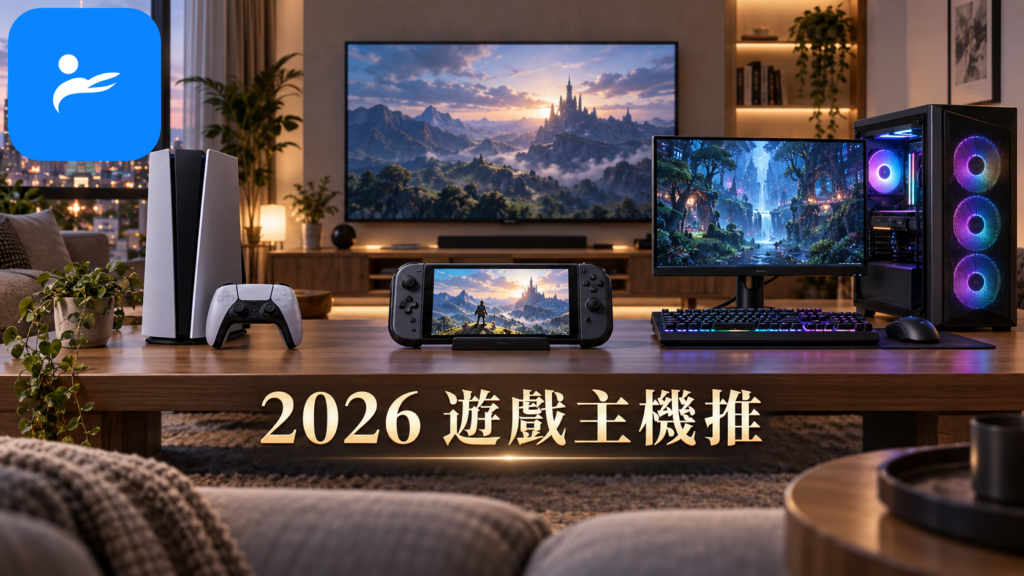 客廳電視前的家用主機、手持掌機與桌上型電競 PC 並排比較
