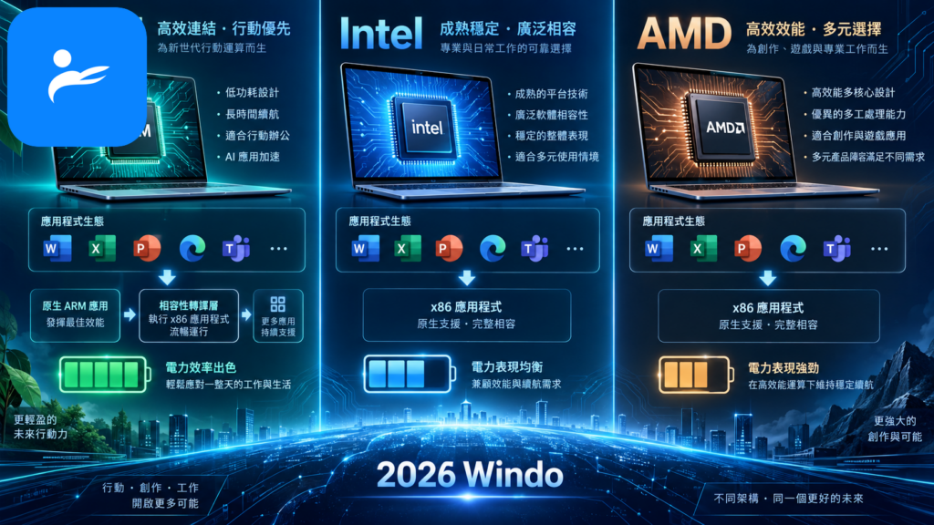 Windows ARM 與 Intel、AMD 筆電架構差異示意圖，包含處理器、應用程式與電池圖示