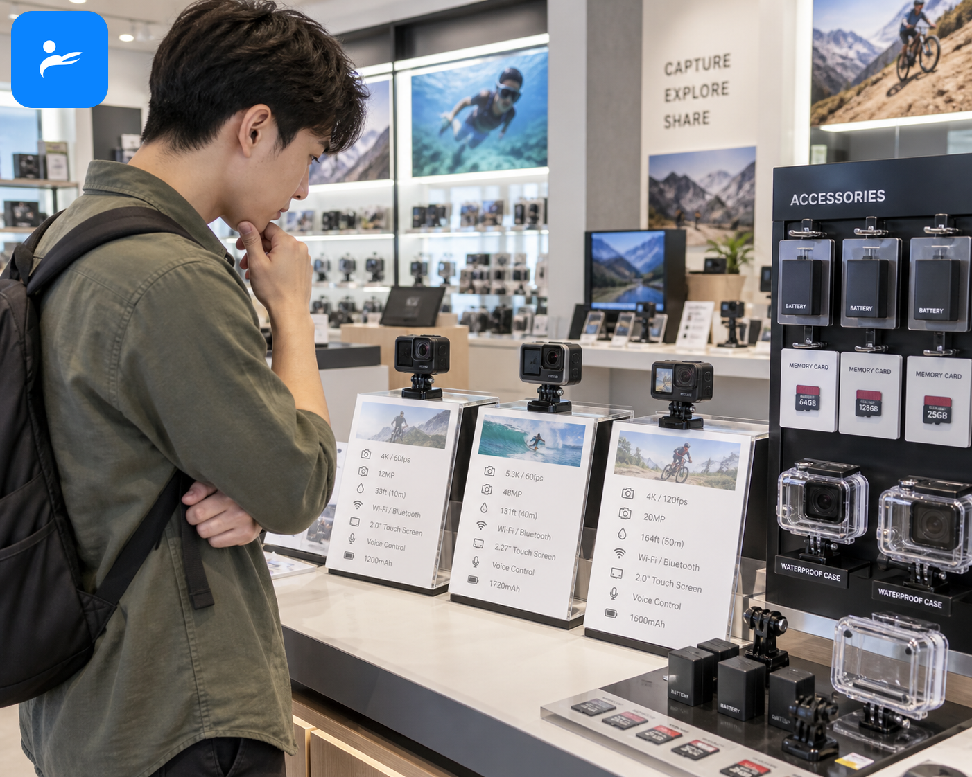 消費者在相機門市比較運動相機規格,旁邊展示電池、記憶卡與防水殼