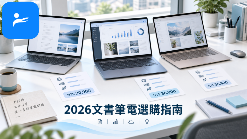 文章「2026文書筆電選購指南：2萬到4萬價格比較與規格防雷」的封面圖：桌面上並排幾台輕薄文書筆電，旁邊有規格比較與價格標籤，明亮乾淨的科技評測風格，在圖片中下方加上繁體中文文字「2026文書筆電選購