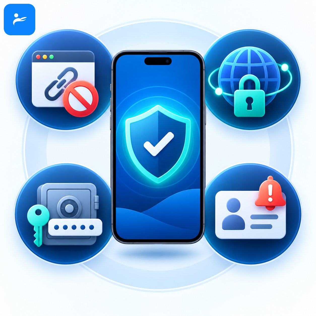 手機防毒 App 功能圖示,包括惡意網址攔截、VPN、密碼管理與個資外洩通知
