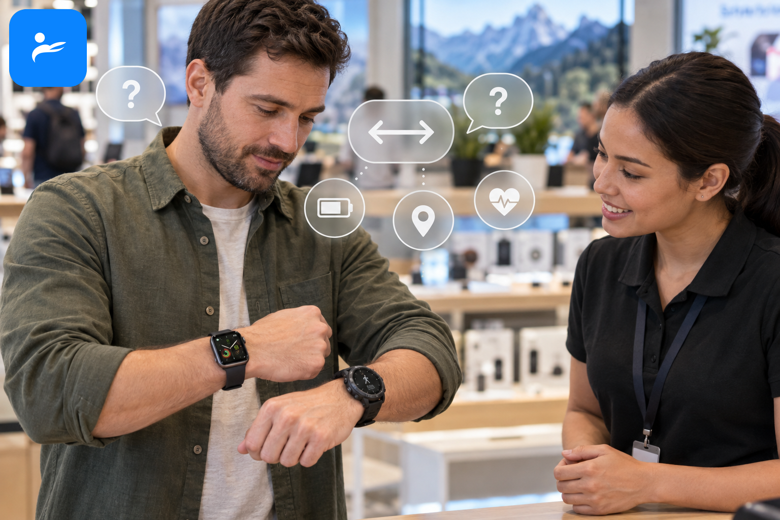 消費者在門市試戴 Apple Watch 與 Garmin 手錶,旁邊浮現常見問題圖示