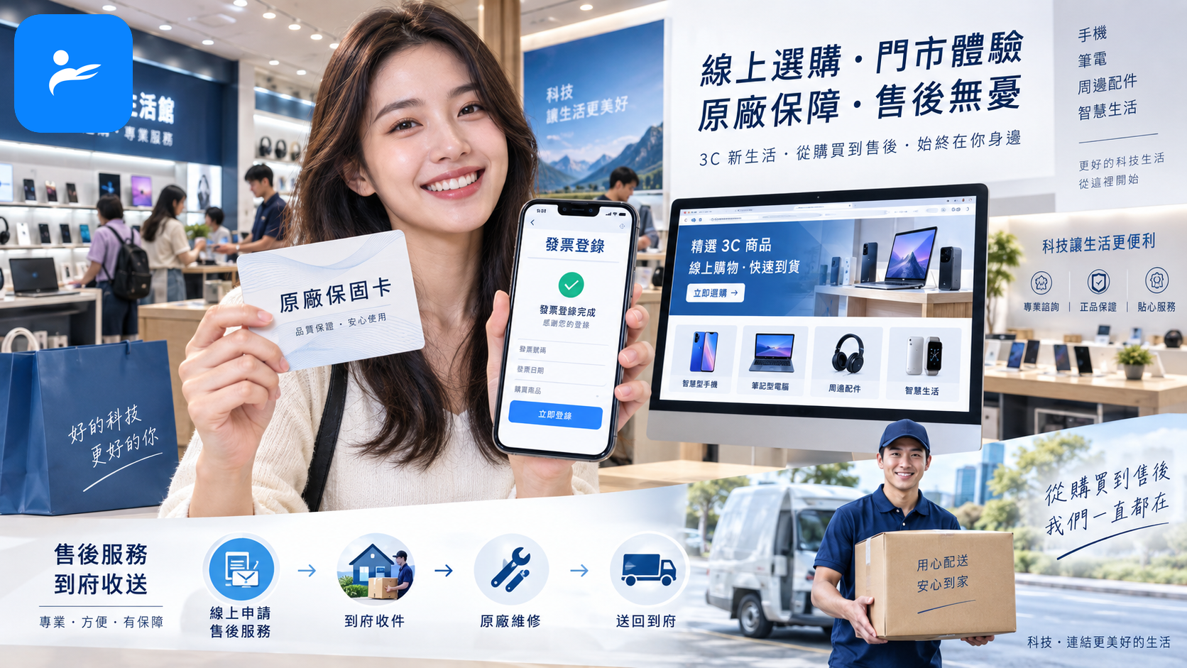 台灣 3C 商場實體門市與電商促銷頁面,展示原廠保固卡、發票登錄與到府收送售後服務流程