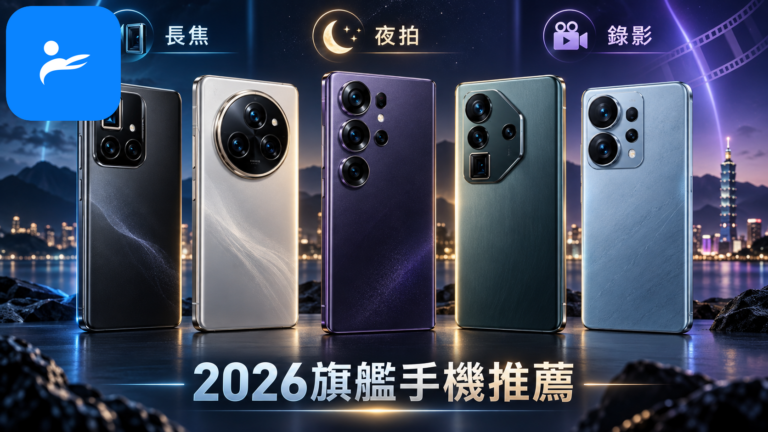 五款2026旗艦拍照手機並排展示，畫面標示長焦、夜拍與錄影三項比較重點