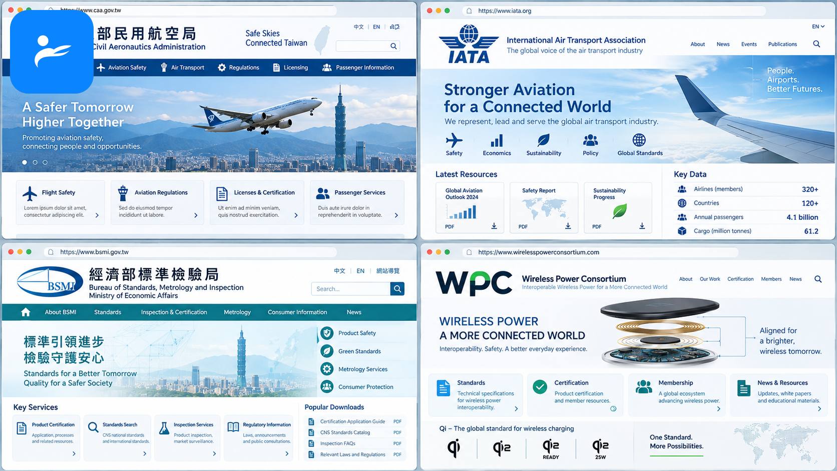 台灣民航局、IATA、經濟部標準檢驗局與 Wireless Power Consortium 官方資料頁面拼貼