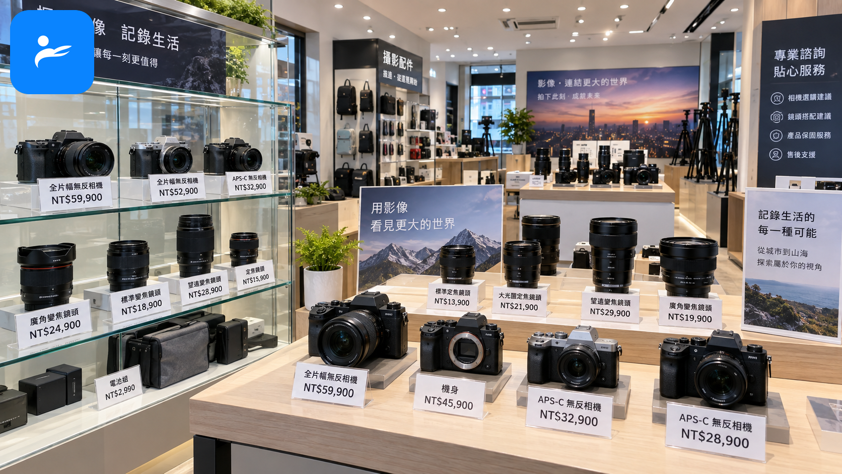 台灣相機門市展示多款全片幅與 APS-C 無反相機,價牌清楚標示新台幣