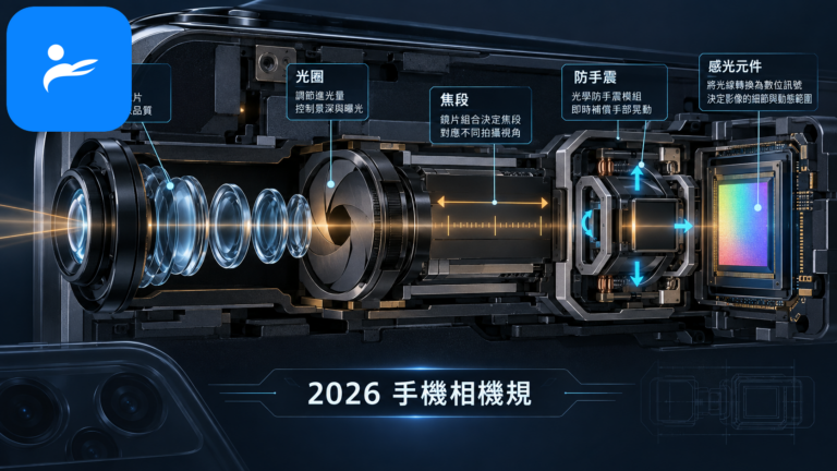 手機相機模組剖面圖，標示感光元件、光圈、鏡片、焦段與防手震