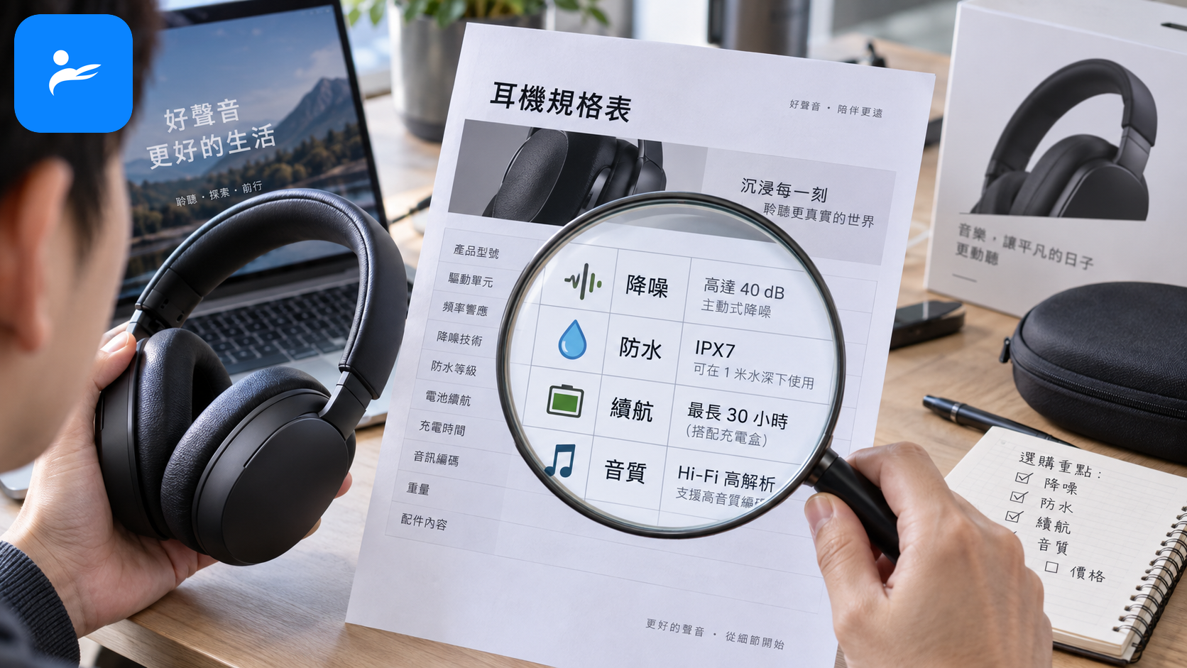 消費者拿著耳機規格表,放大檢查降噪、防水、續航與音質標示