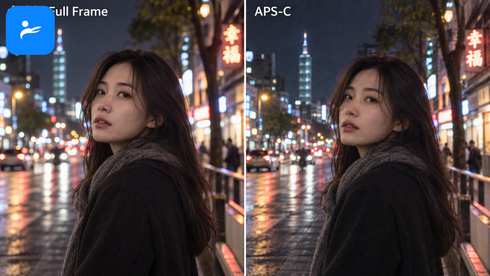 同一個夜景與人像場景,分別以全片幅和 APS-C 相機拍攝並列比較