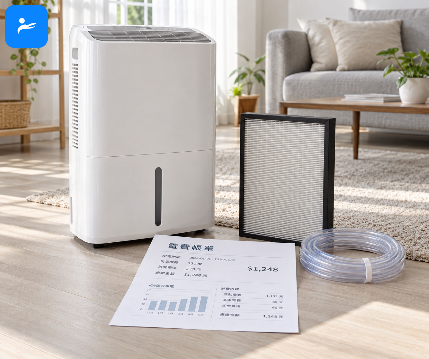 清淨除濕機旁放著替換濾網、排水管與電費帳單,呈現長期使用成本