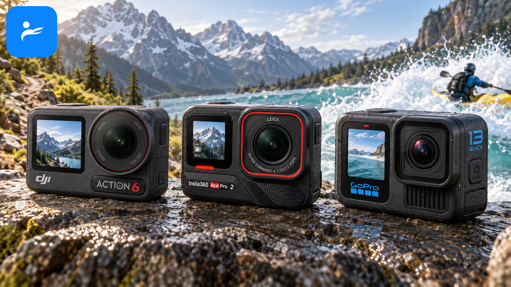 DJI Osmo Action 6、Insta360 Ace Pro 2 與 GoPro HERO13 Black 並排展示,背景為登山與水上活動