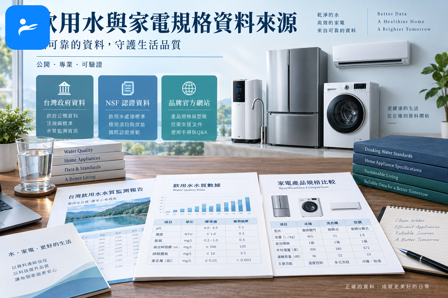 飲用水與家電規格資料來源文件，包含台灣政府、NSF及各品牌官方網站