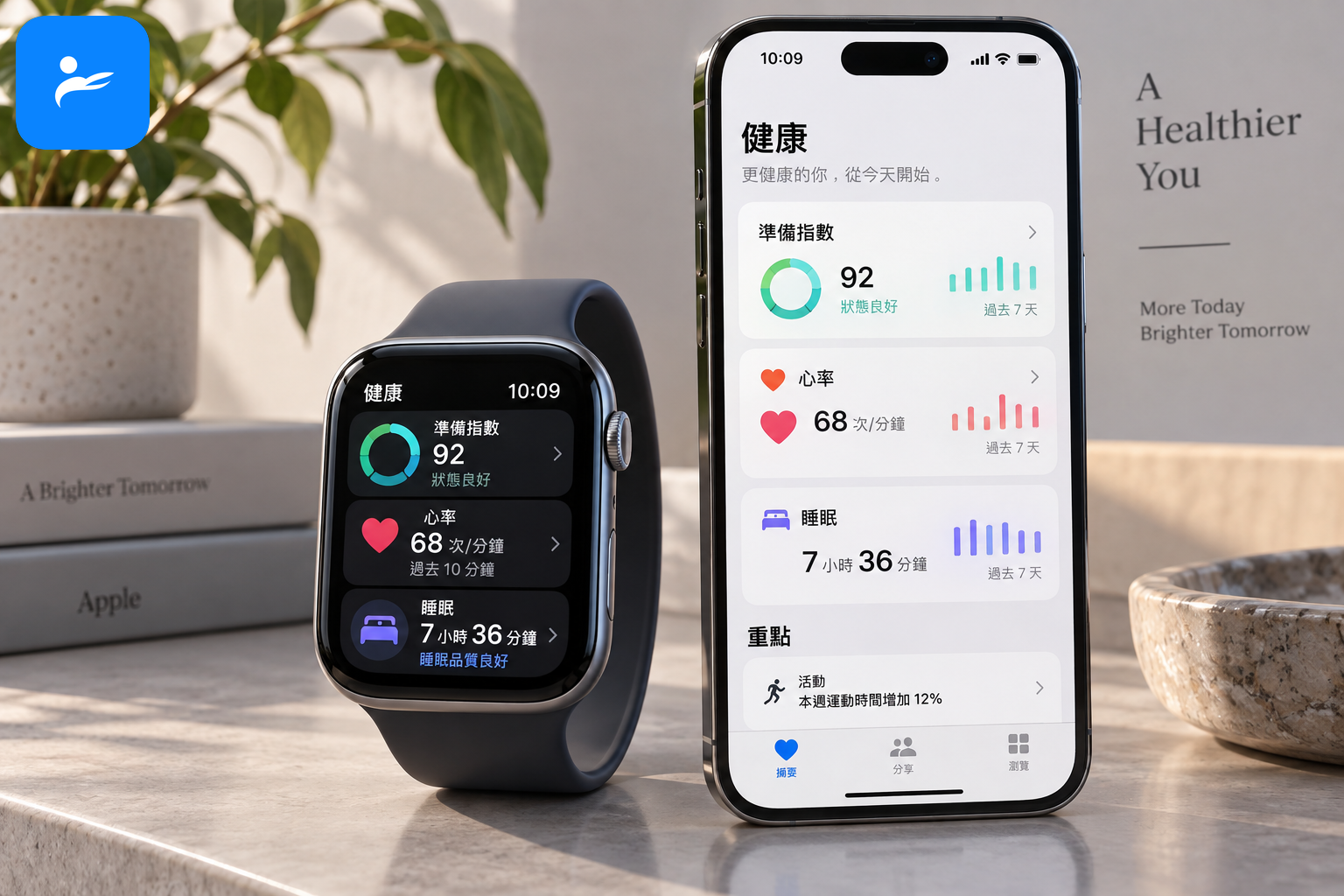 Apple Watch Series 12 顯示準備指數、心率與睡眠資訊,旁邊放著 iPhone