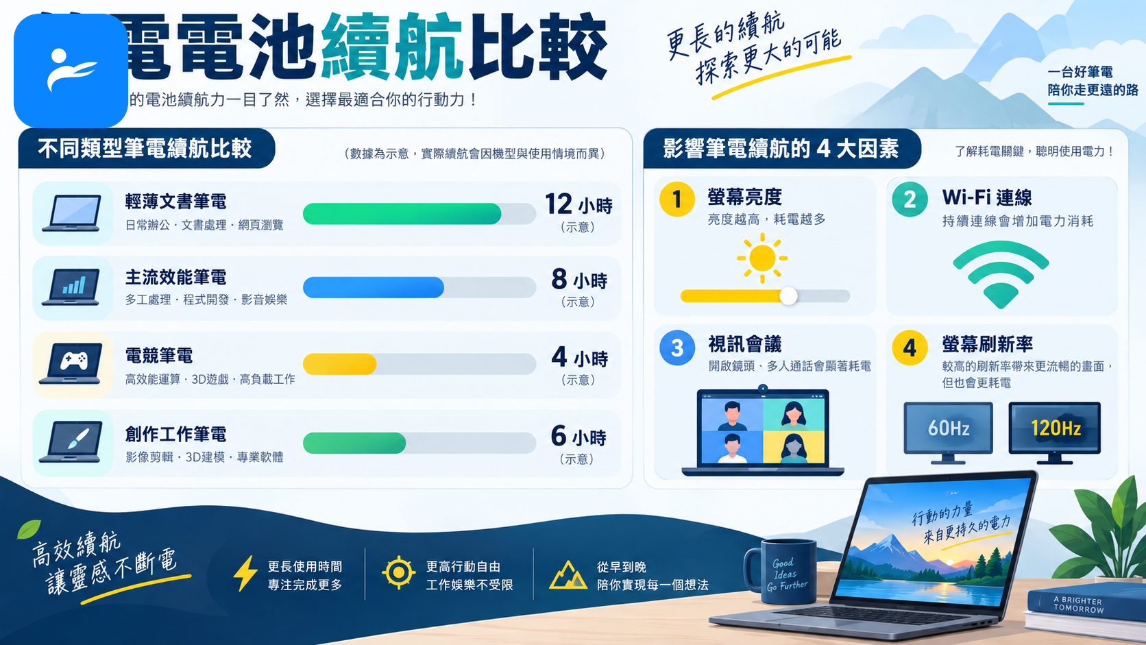 筆電電池續航比較表與亮度、Wi-Fi、視訊會議、螢幕刷新率等耗電因素示意