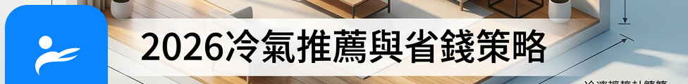 現代客廳空間示意圖,標註房間長寬尺寸、西曬落地窗與天花板高度,呈現冷氣坪數與冷房能力計算概念