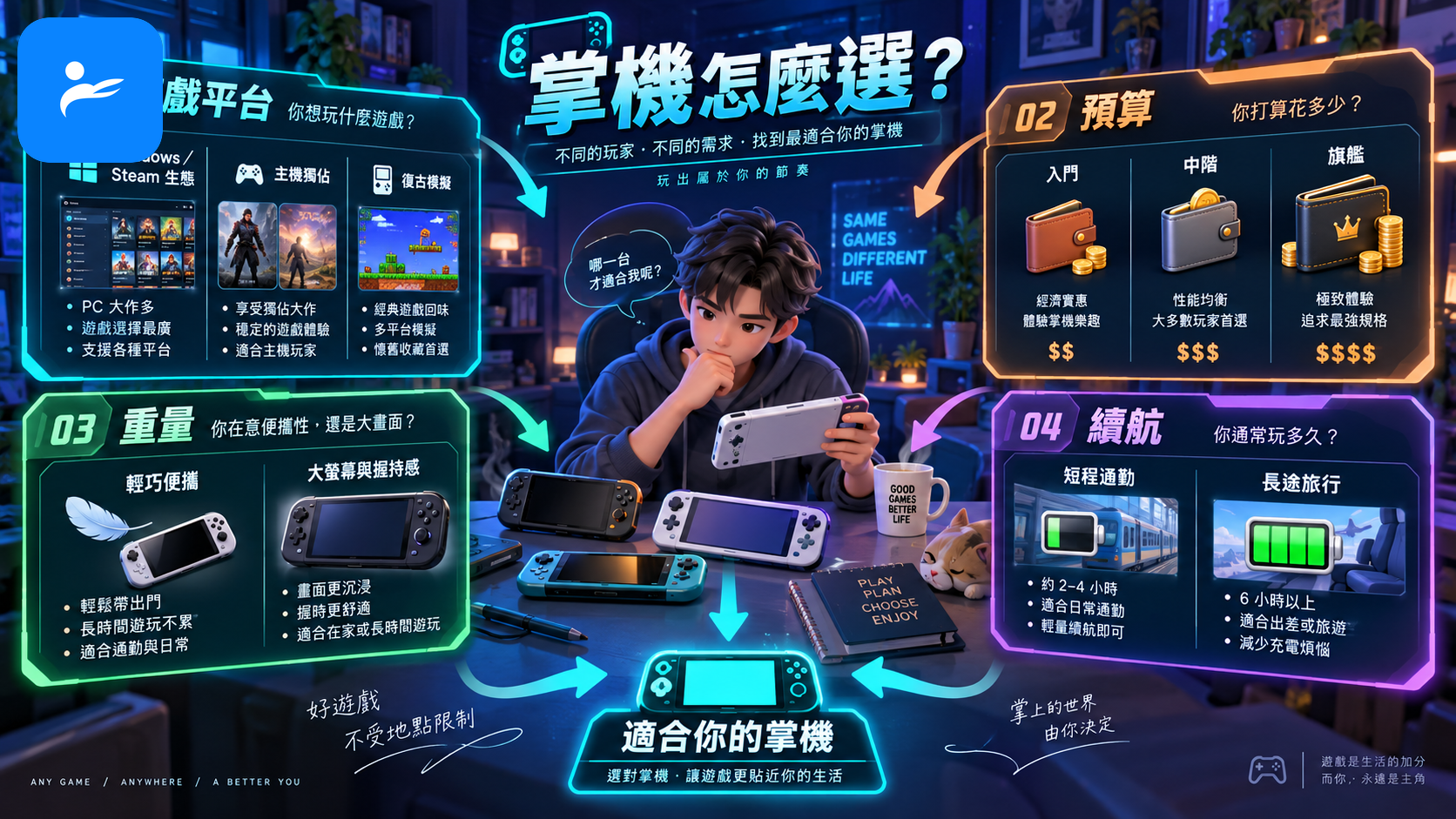 玩家依照遊戲平台、預算、重量與續航四個條件挑選掌機