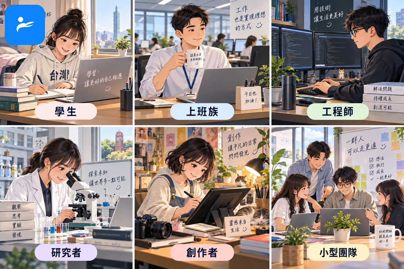 六種台灣使用者情境圖，包括學生、上班族、工程師、研究者、創作者與小型團隊