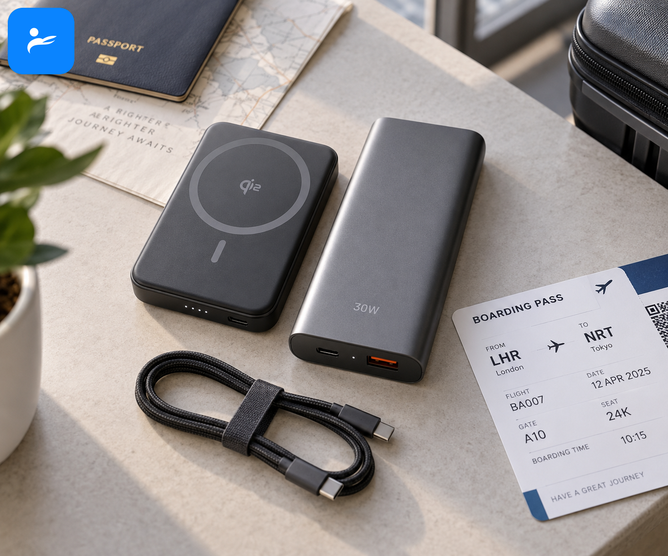 10,000mAh Qi2 行動電源與 30W 有線行動電源並排,旁邊放著出國登機證與 USB-C 線