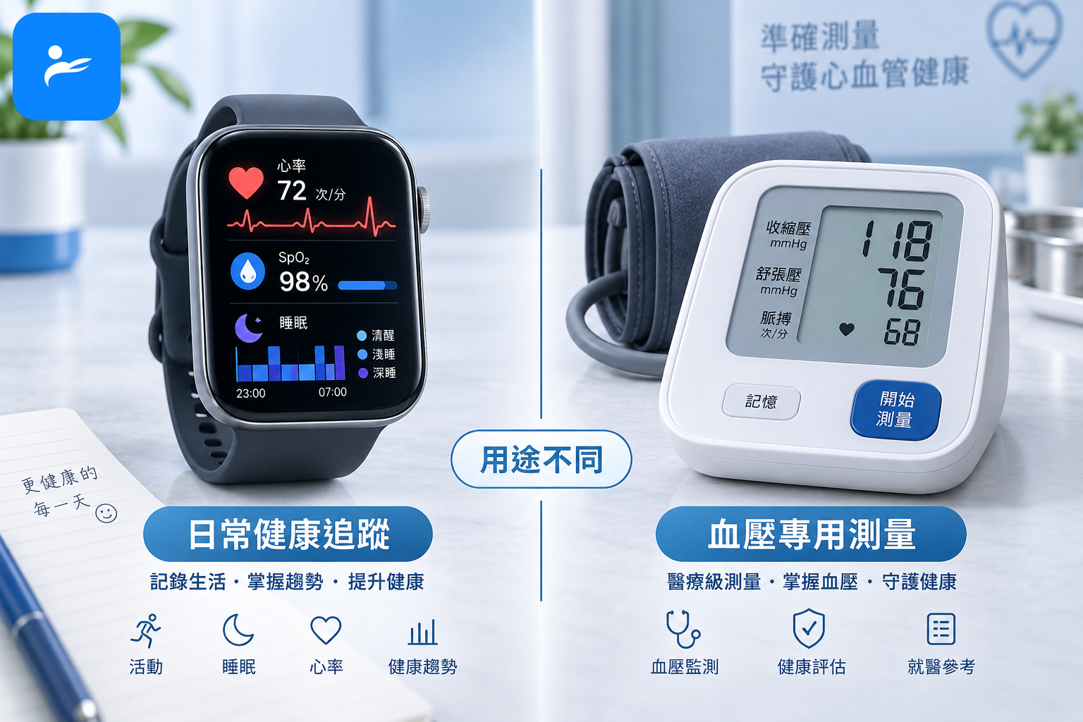 智慧手錶顯示心率、血氧與睡眠圖表,旁邊放著醫療血壓計並標示用途不同
