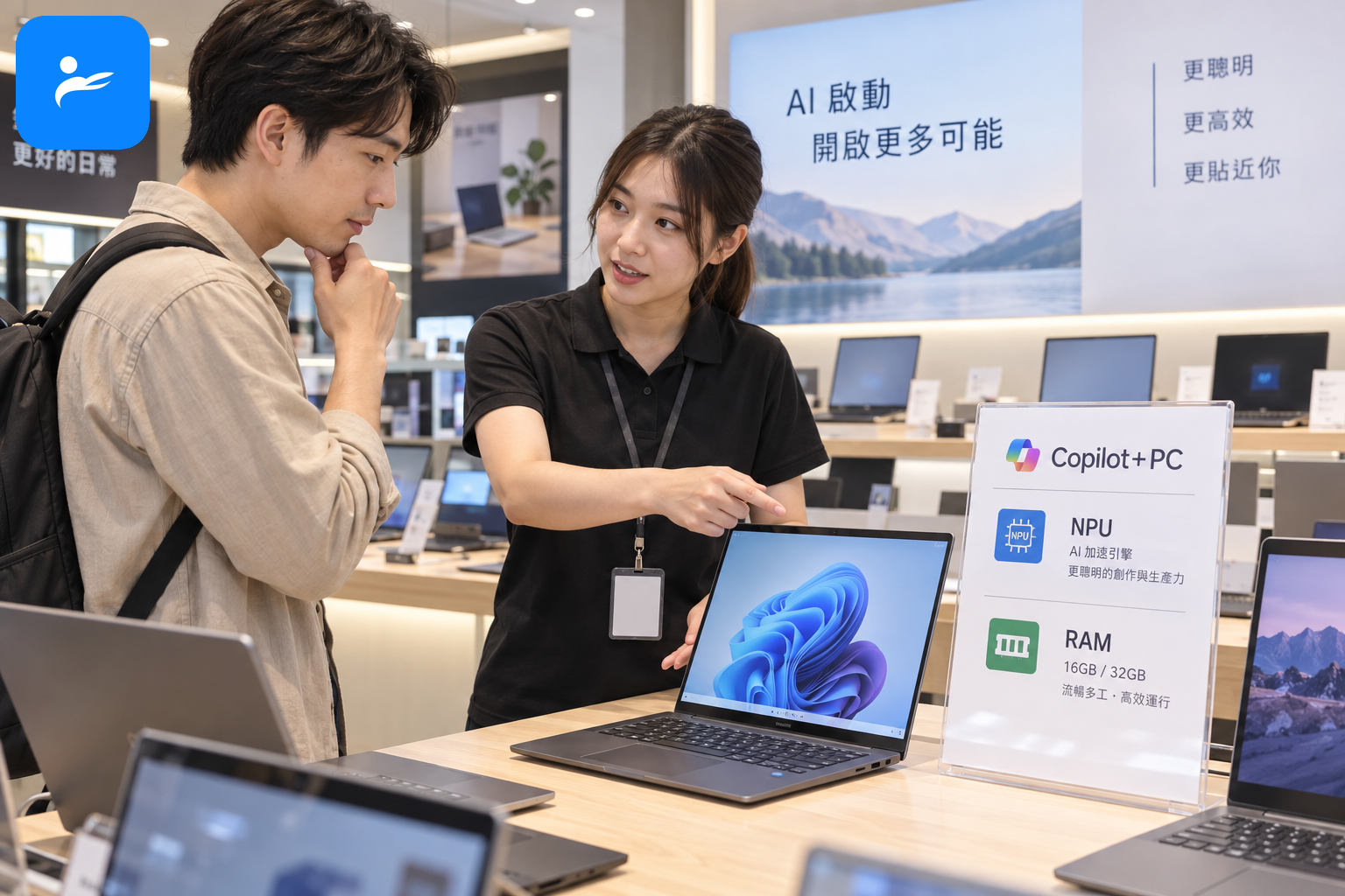消費者在筆電賣場詢問 NPU、Copilot+ PC 與記憶體規格的情境