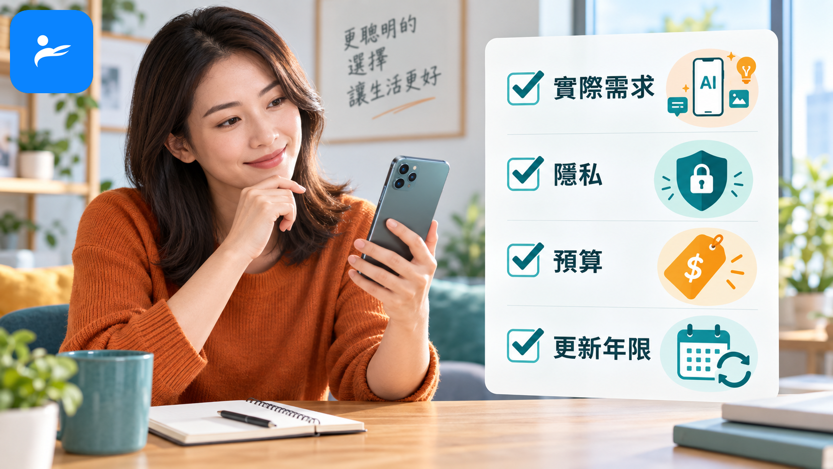消費者依照實際需求、隱私、預算與更新年限勾選 AI 手機購買清單