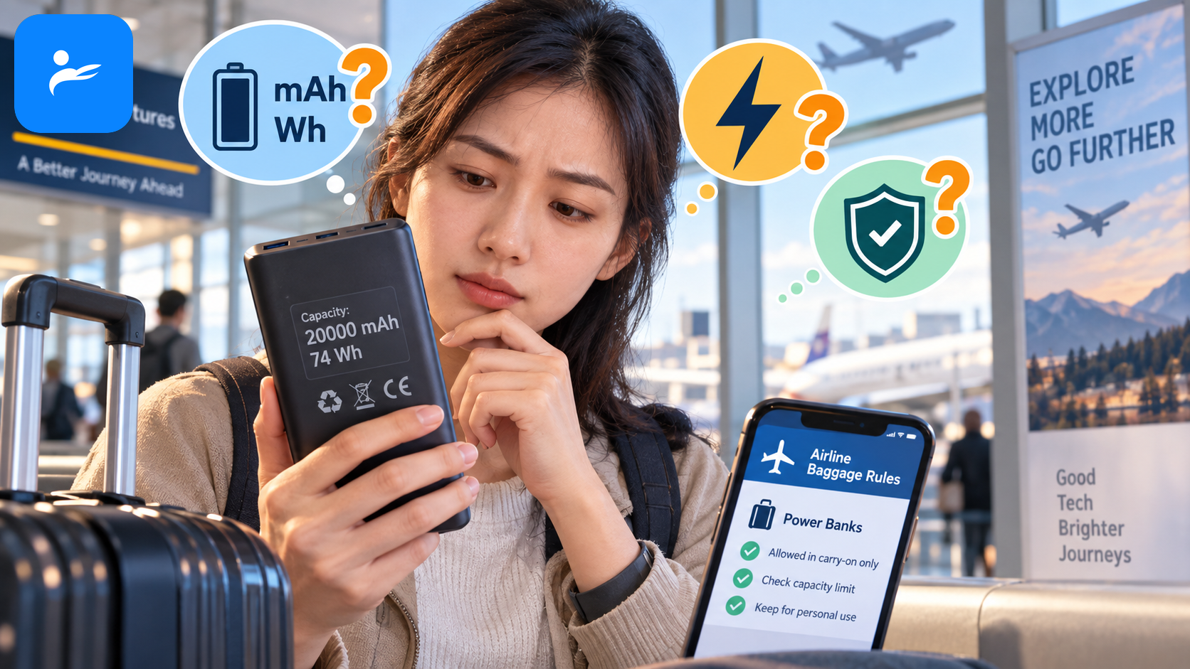 消費者查看行動電源標籤與航空行李規定，周圍排列容量、快充及認證問號圖示