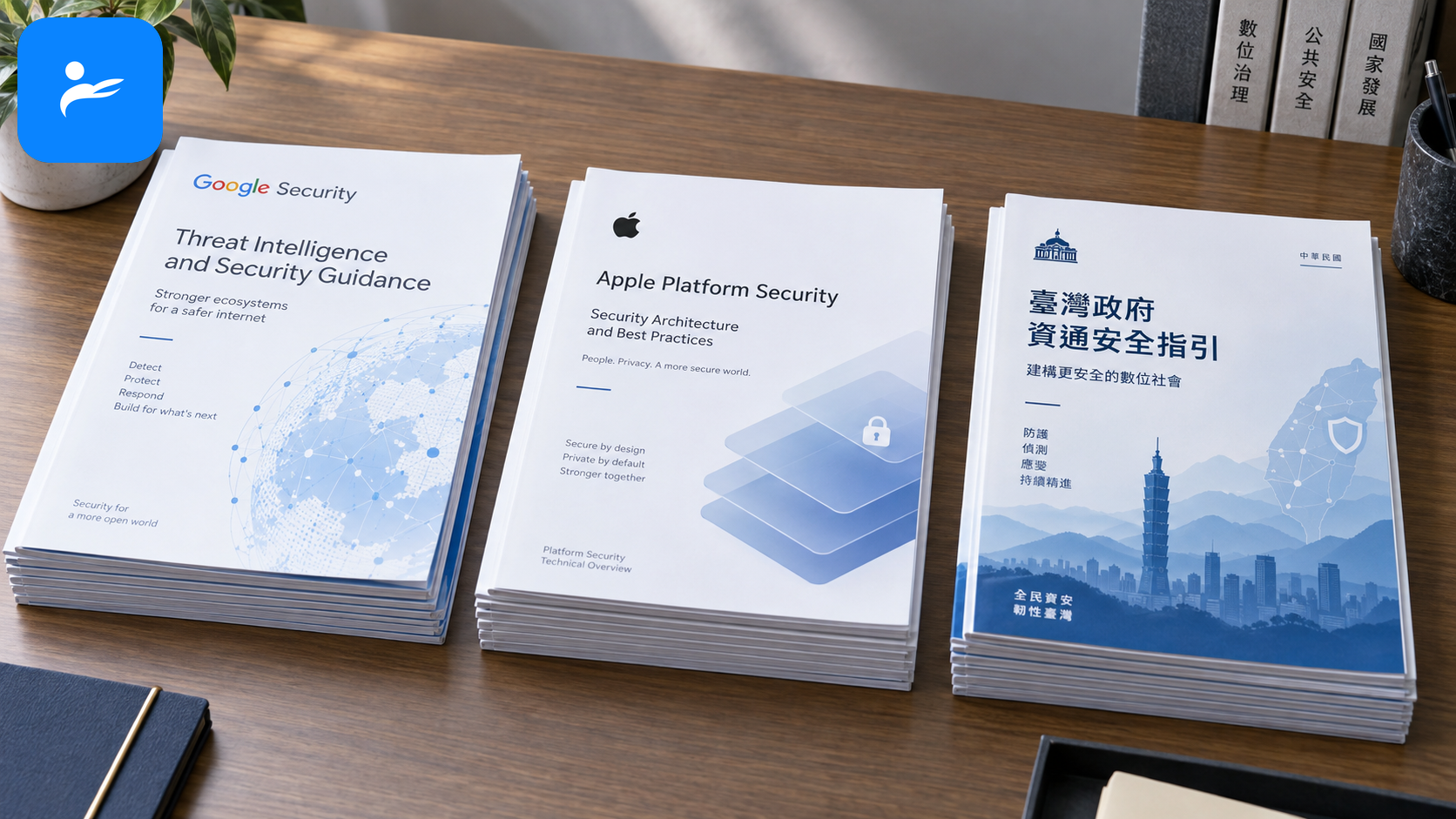 Google、Apple 與台灣政府官方資安文件整齊排列在桌面上